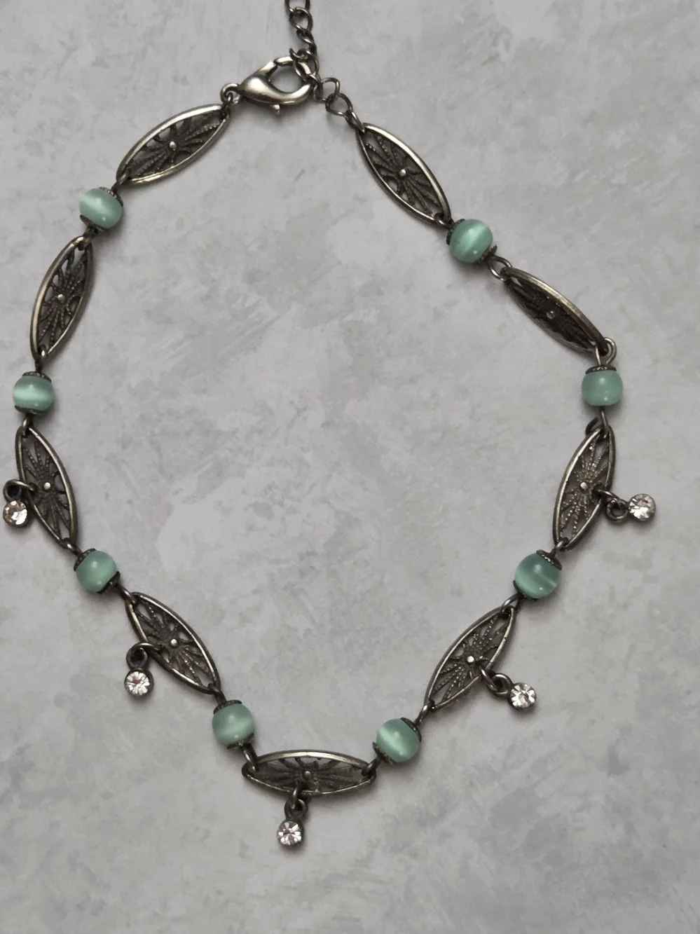 Vintage Aqua Turquoise Glass Bead Filigree Rhinestone Bracelet/Anklet